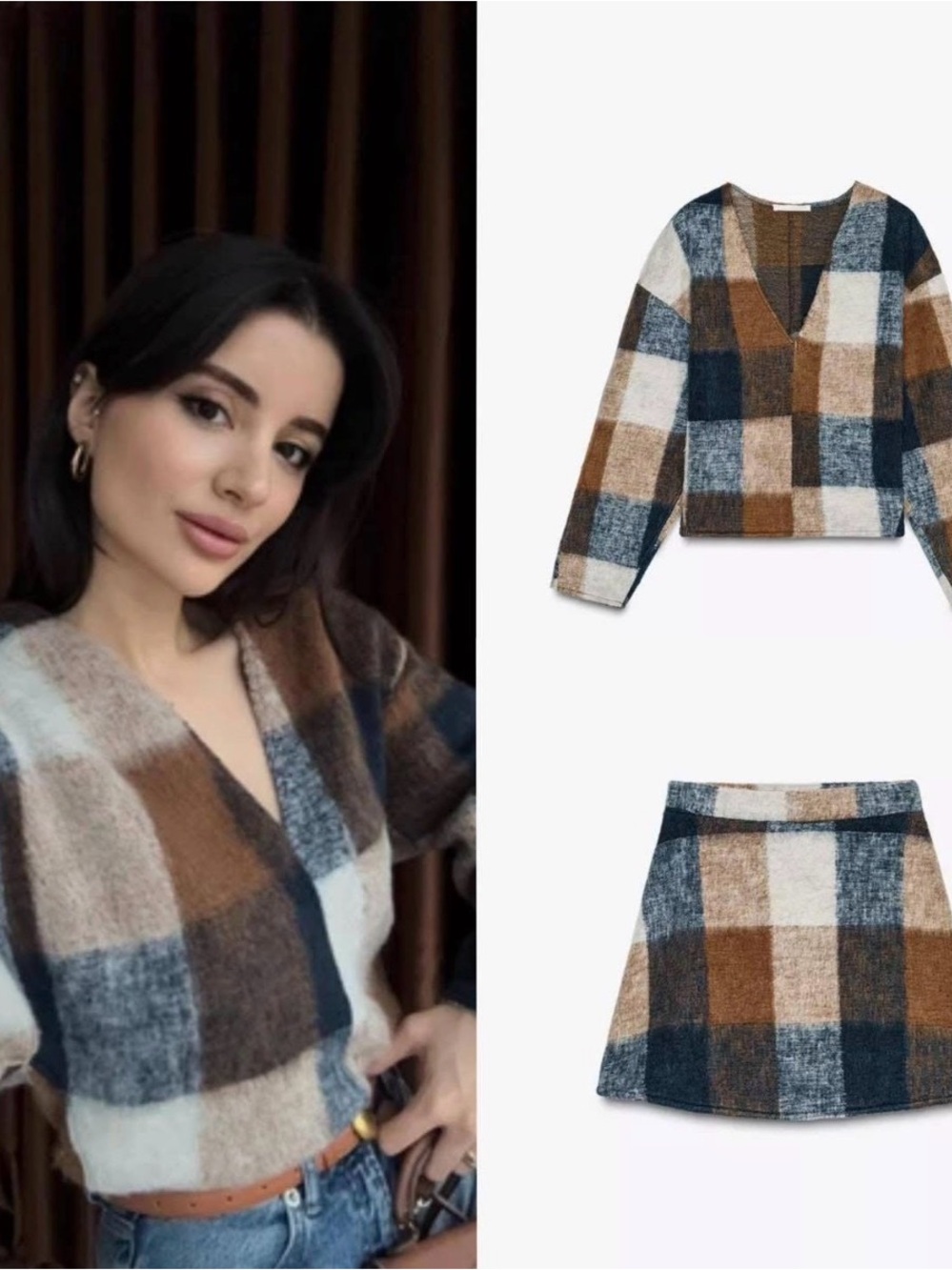Zara Brown Navy Cream Plaid V-Neck Knit Top & Skirt Set